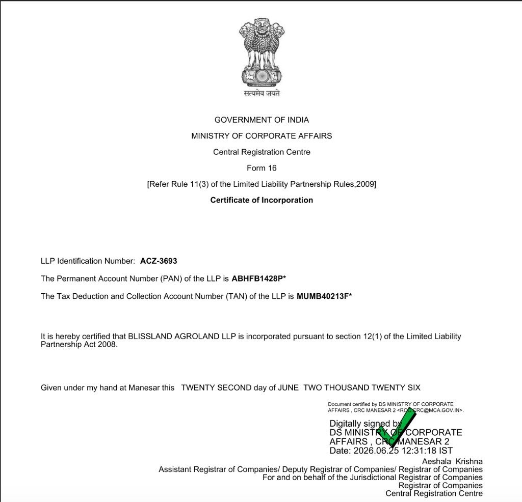 MCA Certificate of Incorporation for BlissLand AgroLand LLP, LLP IN ACZ-3693