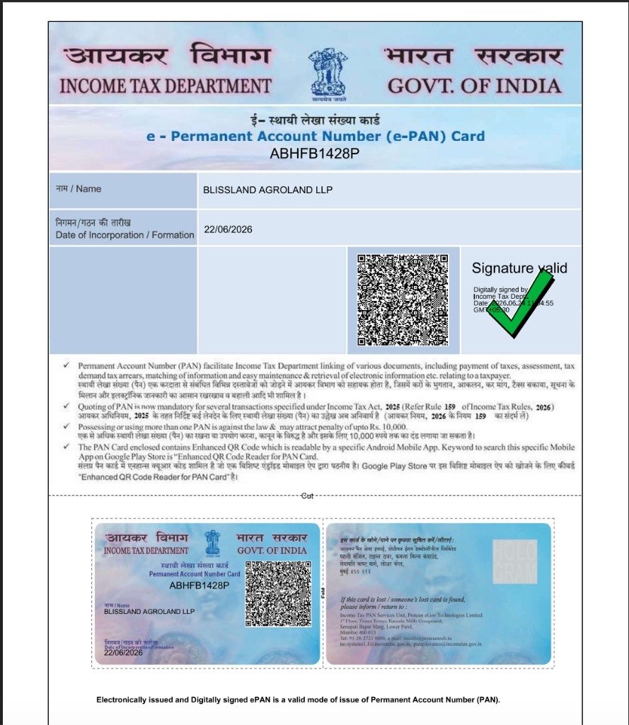 e-PAN card for BlissLand AgroLand LLP, PAN ABHFB1428P