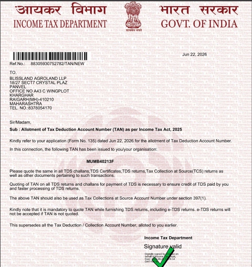 TAN allotment letter for BlissLand AgroLand LLP, TAN MUMB40213F